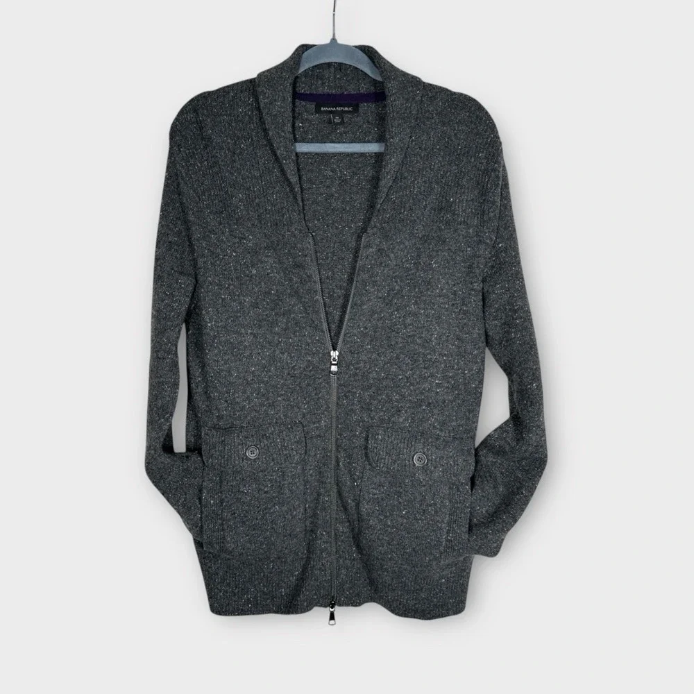 Banana Republic‎ Mens Shawl Collar Wool Silk Zip Sweater Pockets Charcoal Medium